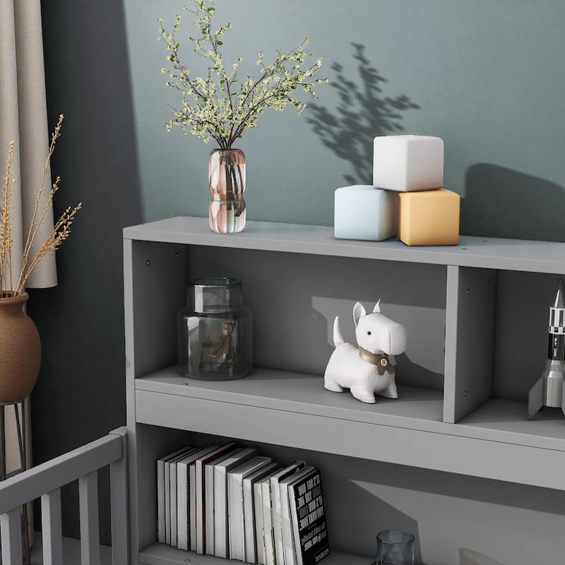 Twin/Full Size Wooden Floor Bed with Bedside Bookcase and Shelves, Low Platform Bed with Guardrails