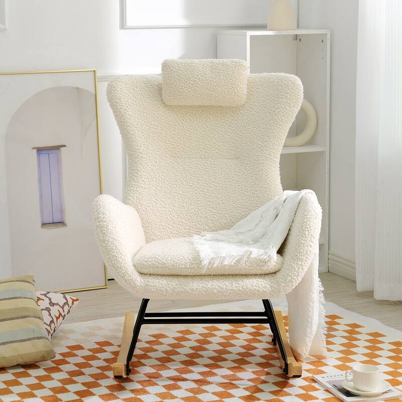 Anmytek Nursery Rocking Glider Chair Teddy Upholstered High Backrest Adjustable Headrest Side Pocket