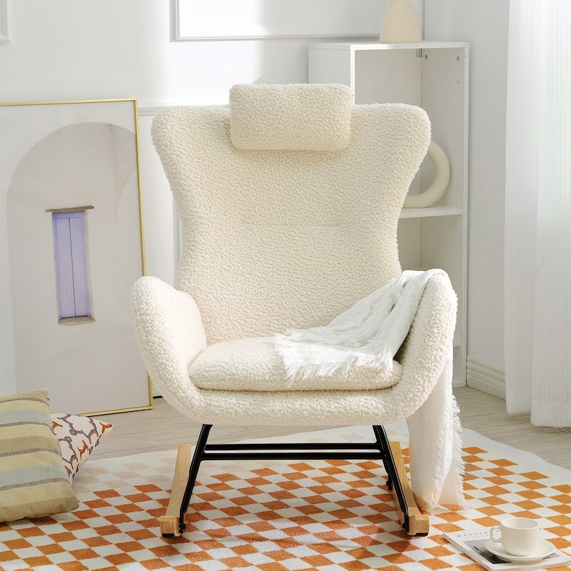 Teddy Upholstered Rocking Chair with High Back, Adjustable Headrest, Side Pocket, Modern Glider Chair for Nursery & Living Room
