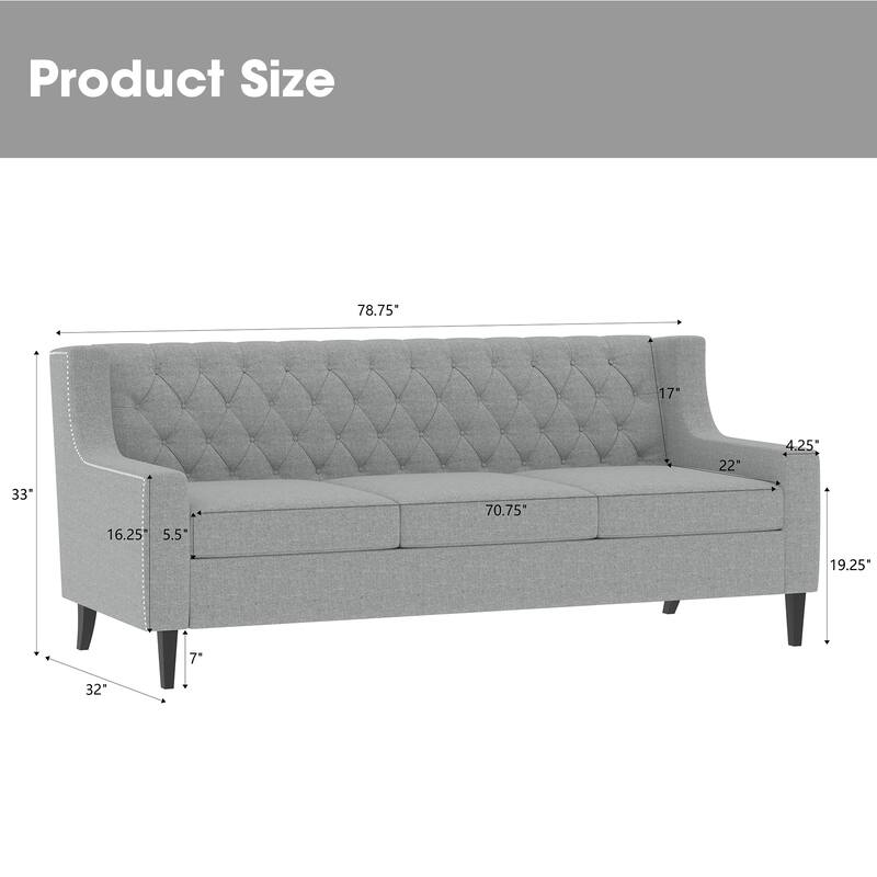 78.75" Polyester Button-Tufted Mid-Century Modern 3-Seater Sofa with High-Resilience Foam Cushions and Sturdy Wooden Frame