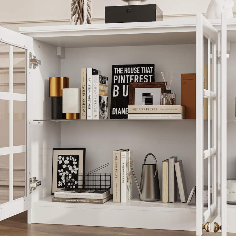 White Wall Cabinet with Glass Panel Doors, 4-Door Hanging Storage Unit for Kitchen, Coffee Bar, Laundry Bookshelves