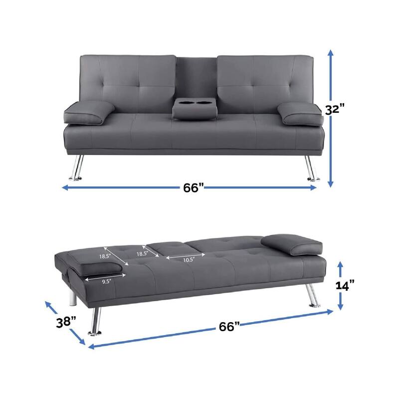 Futon Sofa Bed Couch with Armrest & Cupholders, Faux Leather Sofa Bed Couch Convertible Folding Reclining Small Couch