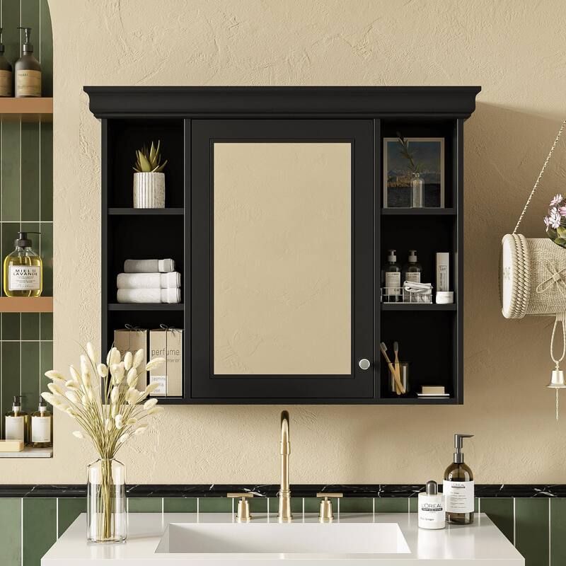 Wall Mounted Bathroom Storage Cabinet with Mirror Door, 5 Adjustable Shelves, and Towel Rod