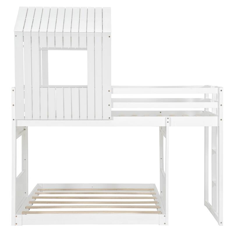 White Twin Over Full Bunk Bed with Playhouse, Ladder, and Guardrails