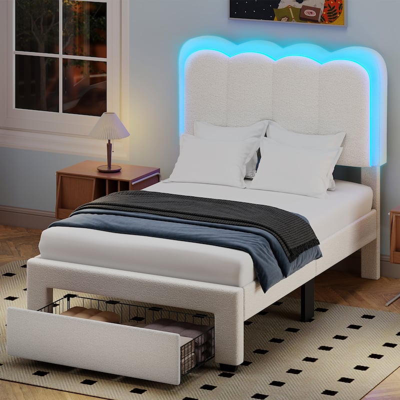 Adjustable Headboard Lamb Wool Bed Frame with Drawer and Charging Station & LED Lights
