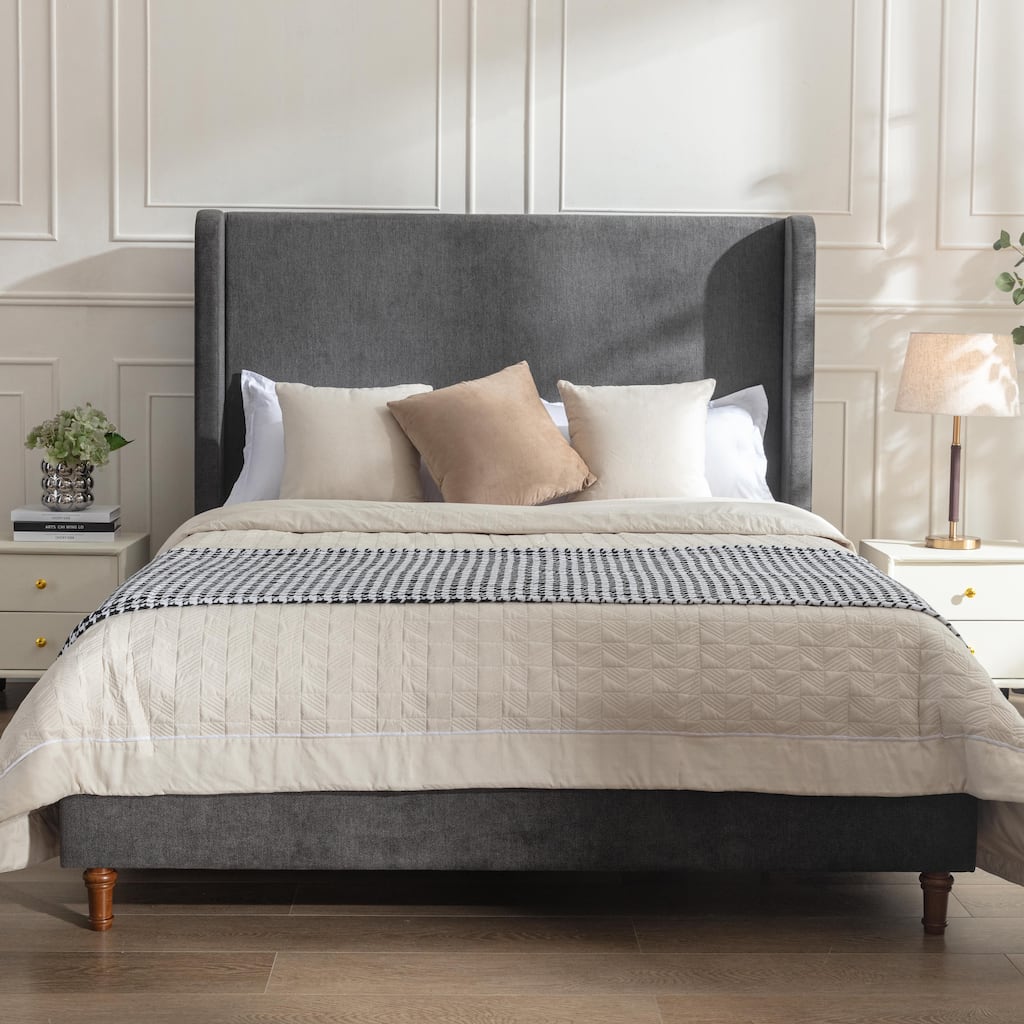 54inch High Upholstered Bed with Dark Gray Velvet Headboard, No Box Spring Needed, Easy Assembly, Queen Size