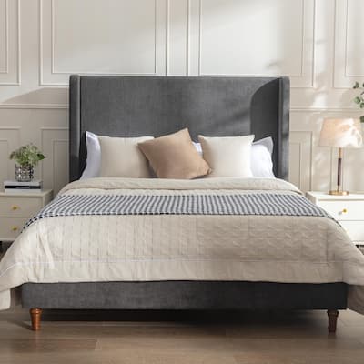Queen Velvet Upholstered Bed with 54" Wingback Headboard, Walnut-Finished Wood Legs, Sturdy Metal Frame
