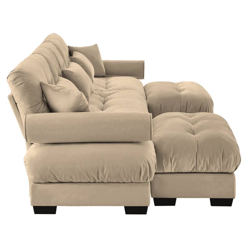 130" Velvet Modular Sectional Sofa with Ottomans & Pillows
