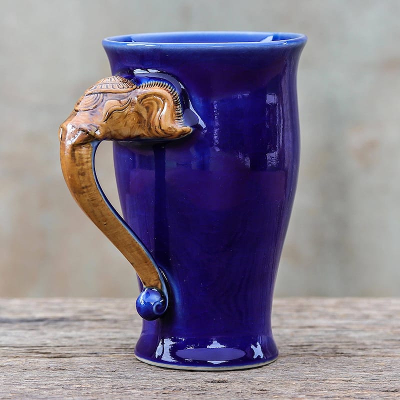 Handmade Elephant Handle In Blue Ceramic Mug (Thailand)