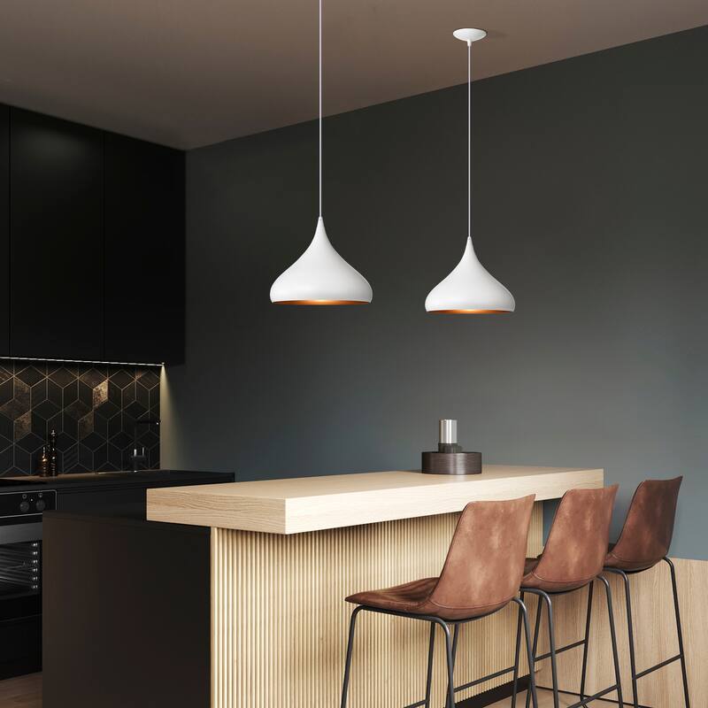 1-Light 12 in. White Single Pendant with Teardrop Metal Shade