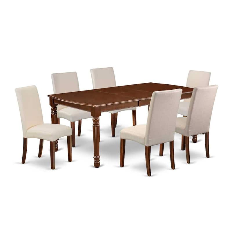 Rectangle Dining Table Set 7pc - 60x78 Inch Table w/ Leaf & 6 Cream Linen Chairs - Mahogany Finish