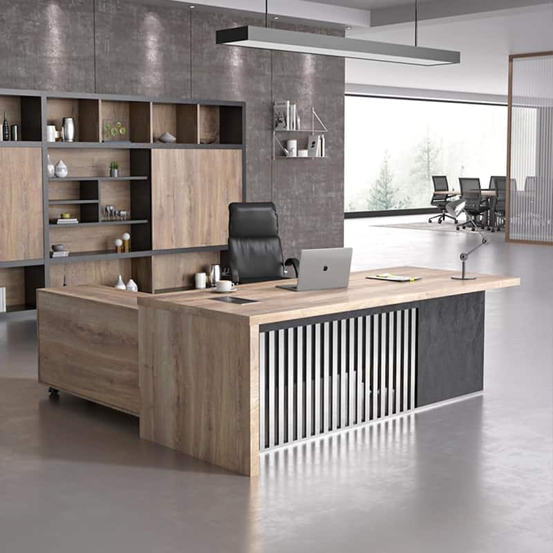 WESOME L-shaped Executive Office Desk with 2 Drawers 4 Wheels File Cabinets Cable Management - 63inch - Right Return+Cabinet