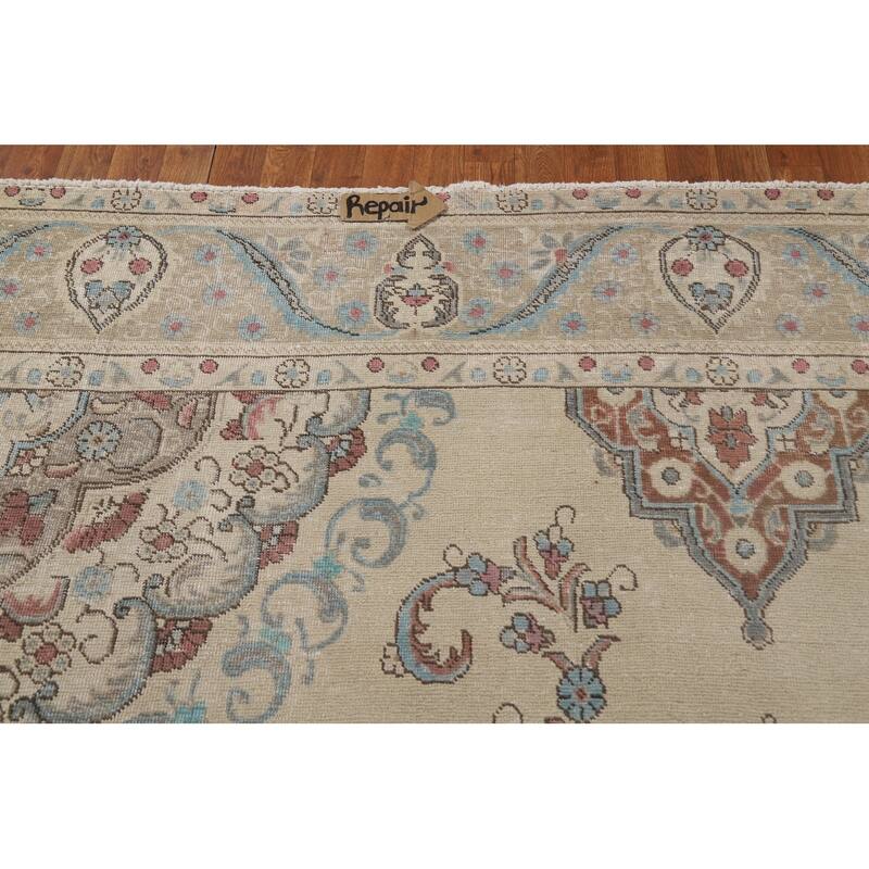 Medallion Tabriz Persian Rug Beige Hand-Knotted Wool Carpet - 9'6"x 13'3"