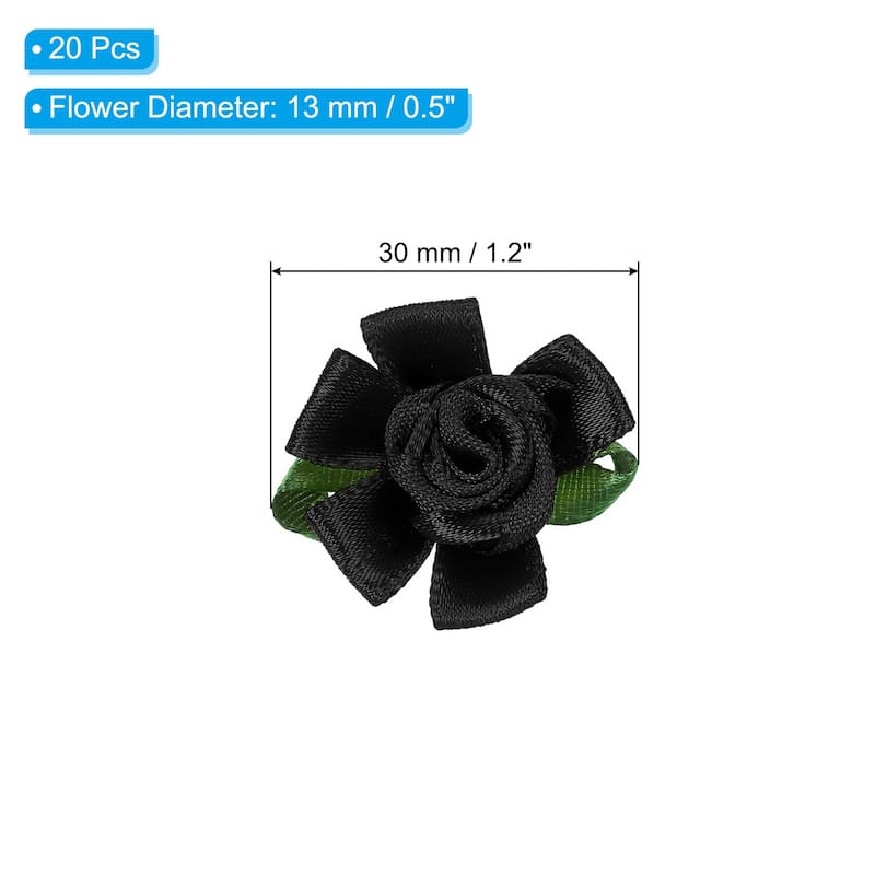 20Pcs Mini Satin Ribbon Roses Small Rosettes Fabric Flowers - Black