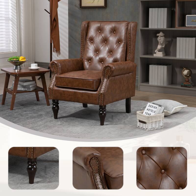 Brown Vintage Single Sofa Chair Office Chair with Rubberwood Legs, Leather Rolled Armrests Chair Desk Chair Dressing Chair