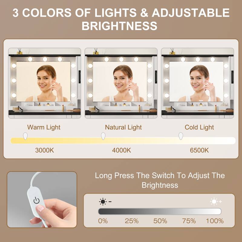 39.3" Farmhouse Makeup Vanity Desk with Mirror and LED Lights, Rustic Vanity Table