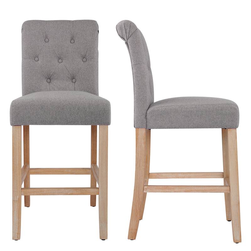 25 Inches Farmhouse Counter Height Bar Stools Button Tufted Island Chairs with Washed Legs Set of 2 - Grey-2-piece