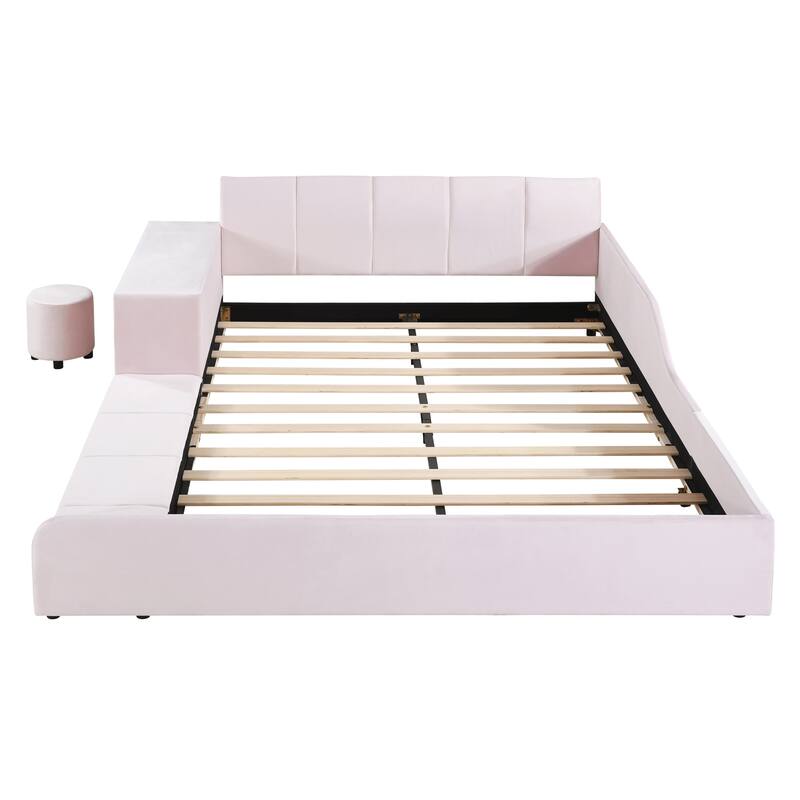 Full Size Upholstered Grounded Bed, Mother & Child Bed with Bedside Desk and Little Round Stool