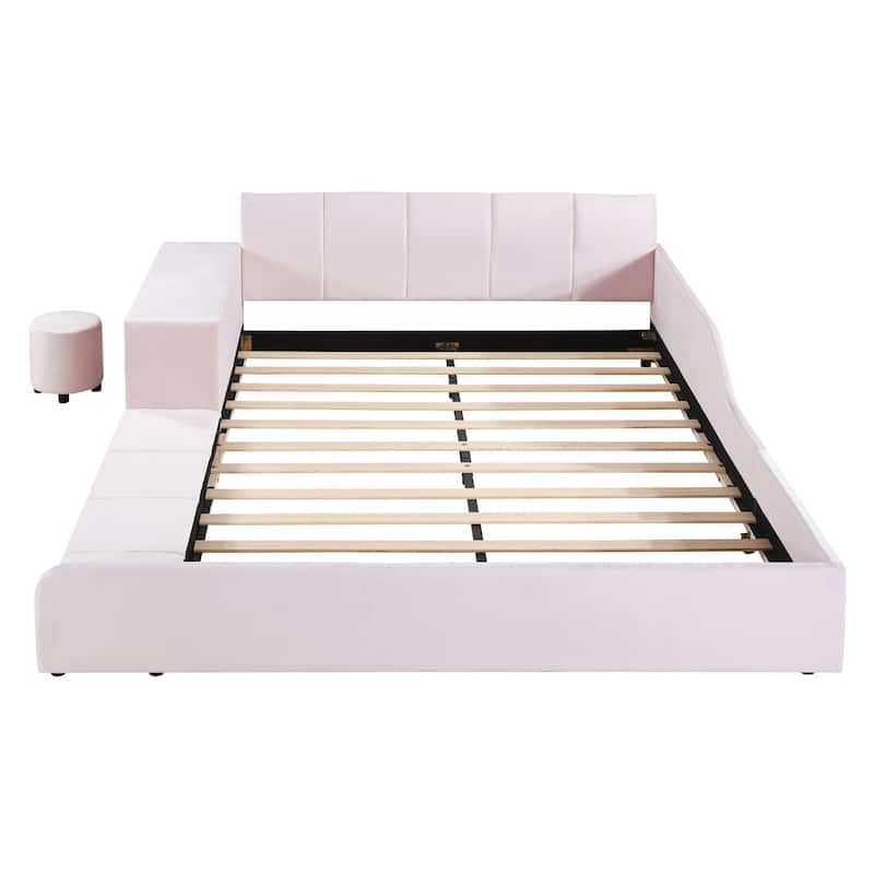 Queen Size Velvet Upholstered Platform Bed w/ Bedside Desk & Stool, Mother & Child Platform Bed Frame w/ Footboard & Guardrail