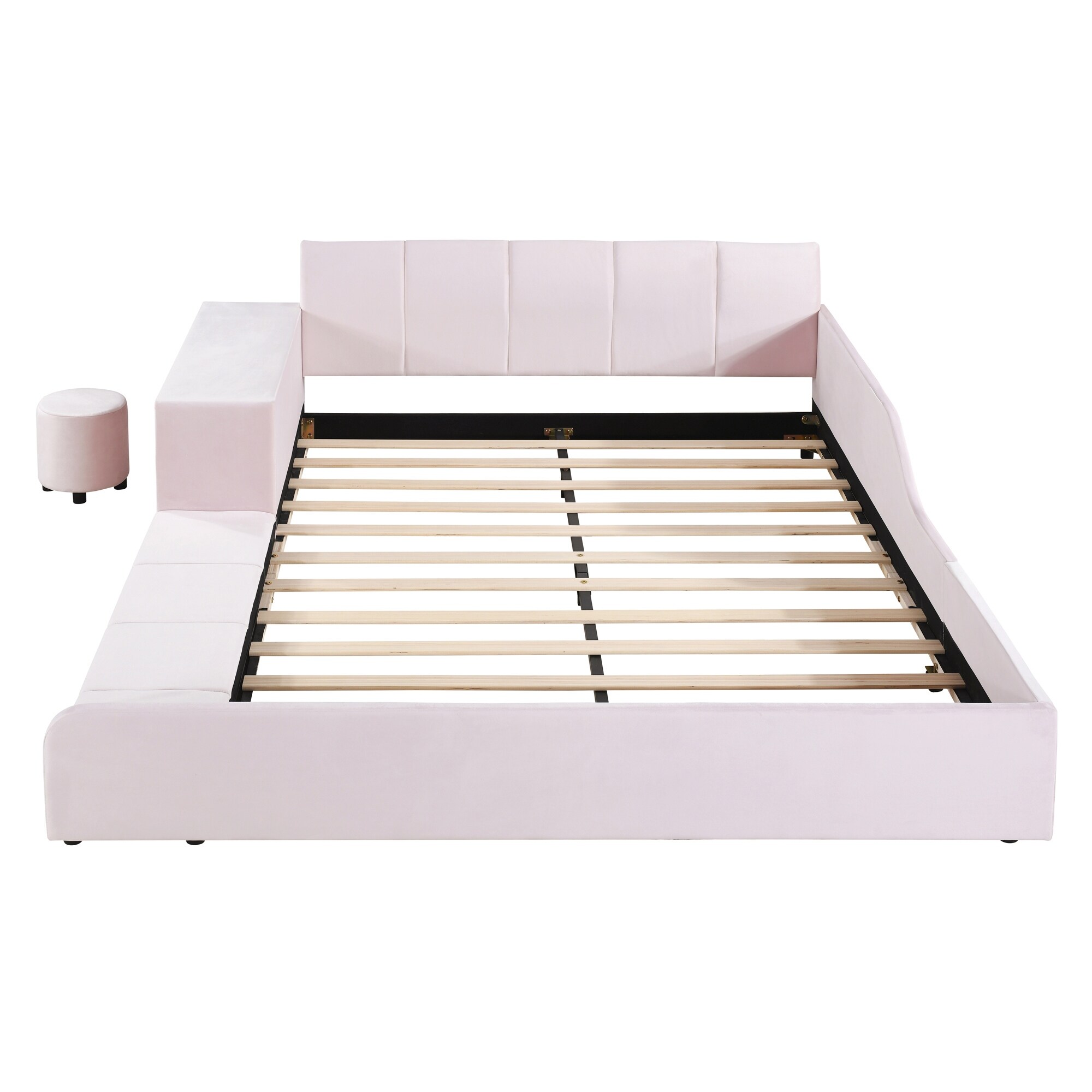 Queen Size Velvet Upholstered Platform Bed w/ Bedside Desk