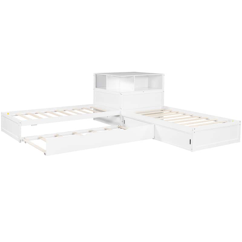 Twin Size L-shaped Bed Frame with Trundle Bed and Storage Cabinets, Desk, Lighting, Corner Platform Storage Bed Frame
