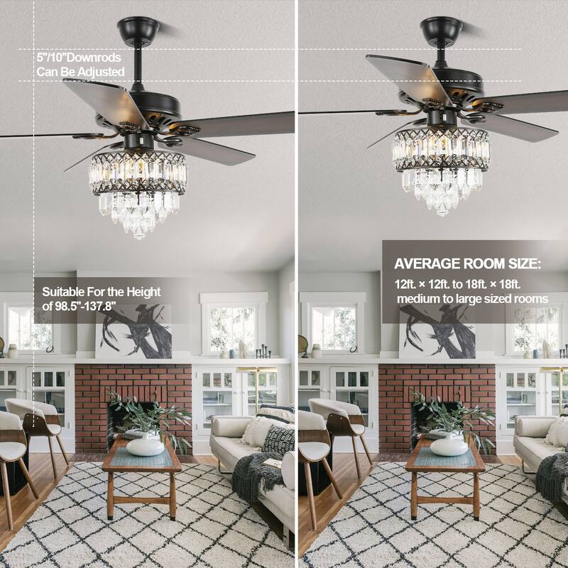 CurveCurio 52-inch Classic Ceiling Fan with Crystal Light Shade, 3 Light, Remote Control and Pull Chain Control for Living Room