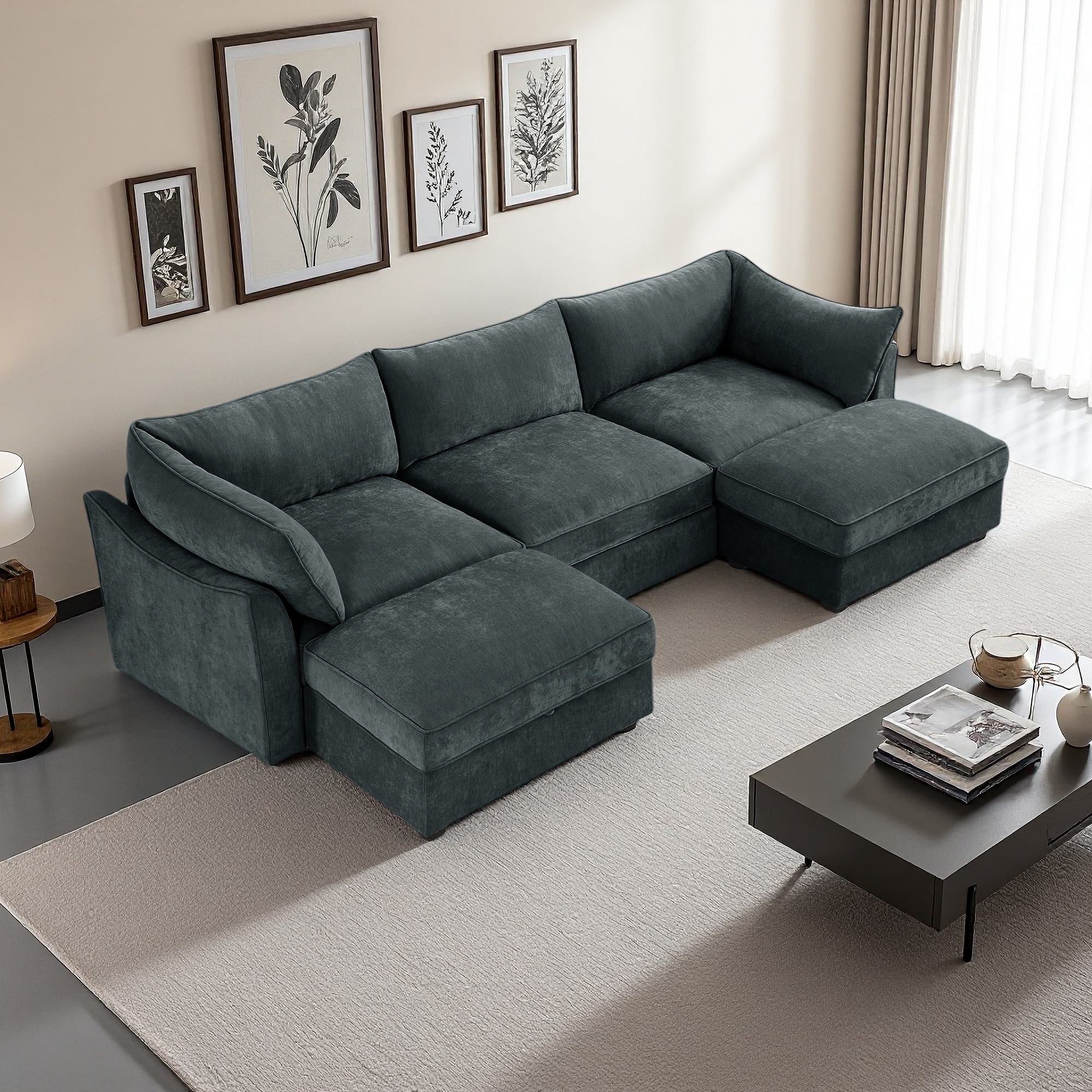 112.6" Chenille U-Shaped 3-Seater Sectional Sofa with 2 Ottomans & Under-Seat Storage