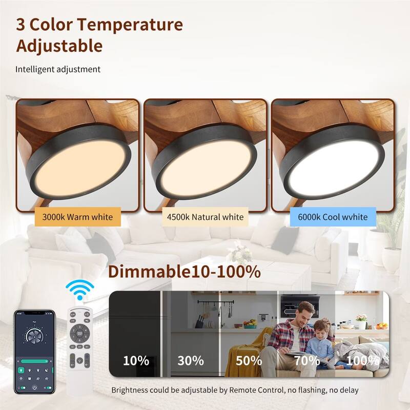 60" LED Flush Mount Ceiling Fan with Wood Blades, 6-Speed DC Remote Control