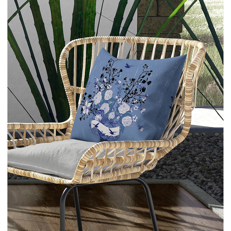 Elegant Floral Bouquet Indoor/Outdoor Reversible Throw Pillow Blue and White