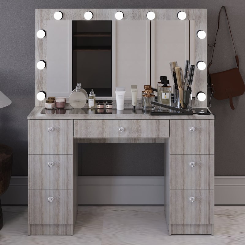 Modern White Makeup Vanity Desk with 13 Dimmable Lights, Glass Top, USB-A & USB-C, 7 Drawers, Hair Dryer Holder, and Stool - Grey