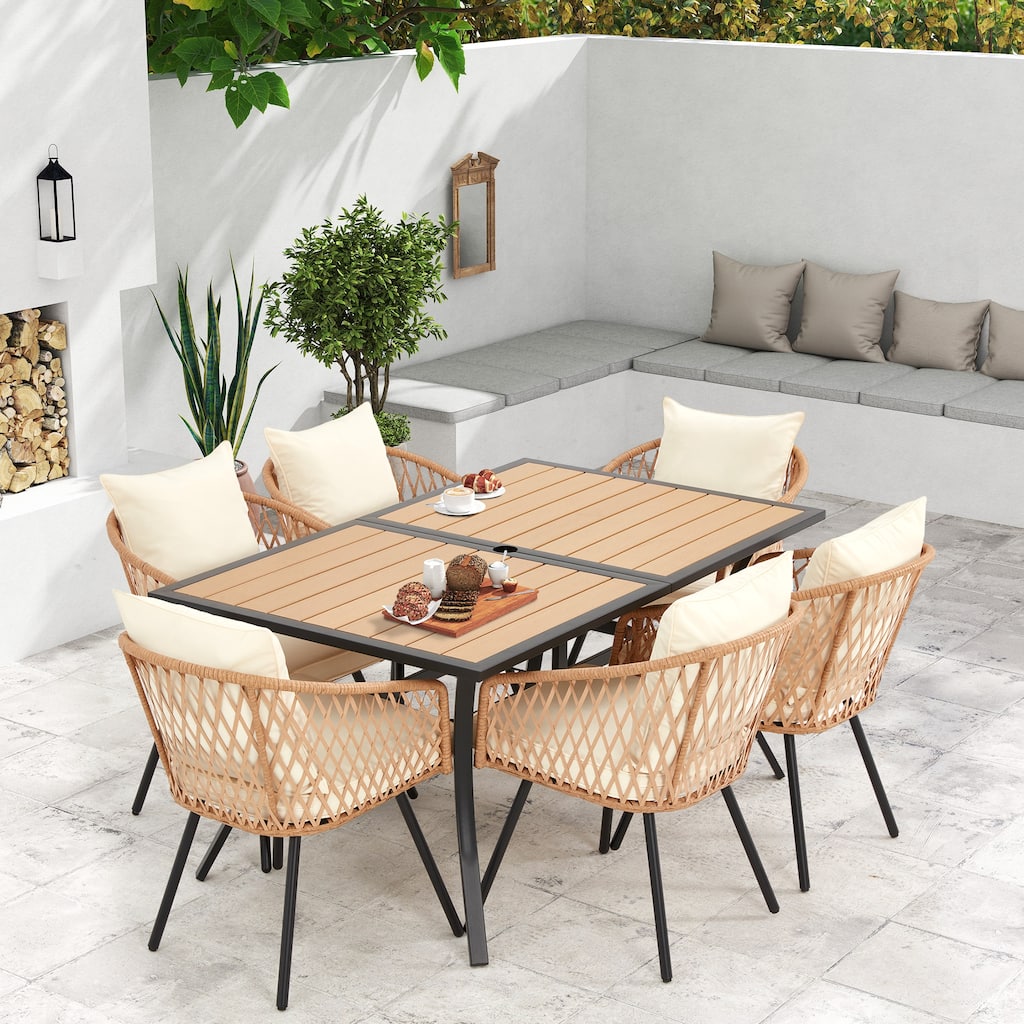 7 Piece Outdoor Patio Wicker Dining Set, Table with Umbrella Hole & 6 Cushioned Rattan Chairs, Weather Resistant