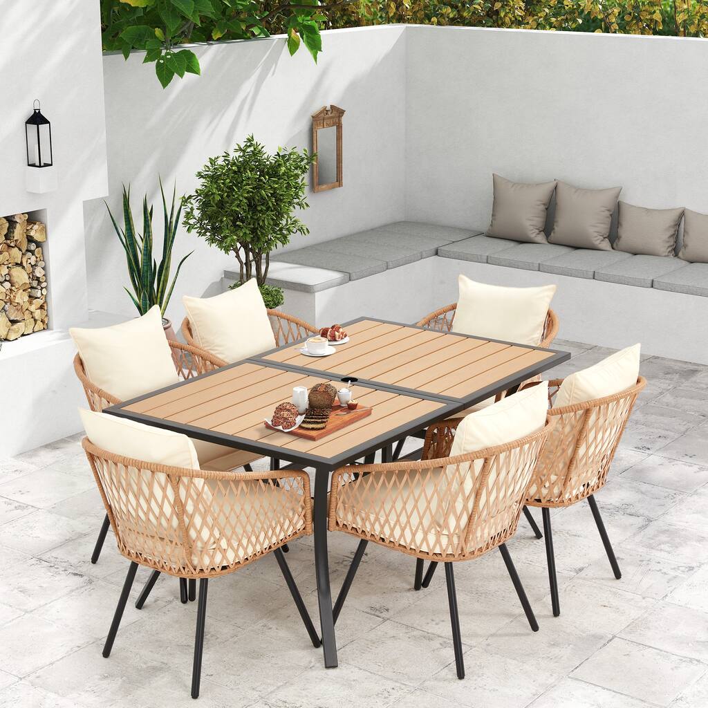 Outdoor All-Weather PE Rattan Patio Dining Sets,Durable WPC Tabletop, Outdoor Table and Chairs with Removable Cushion