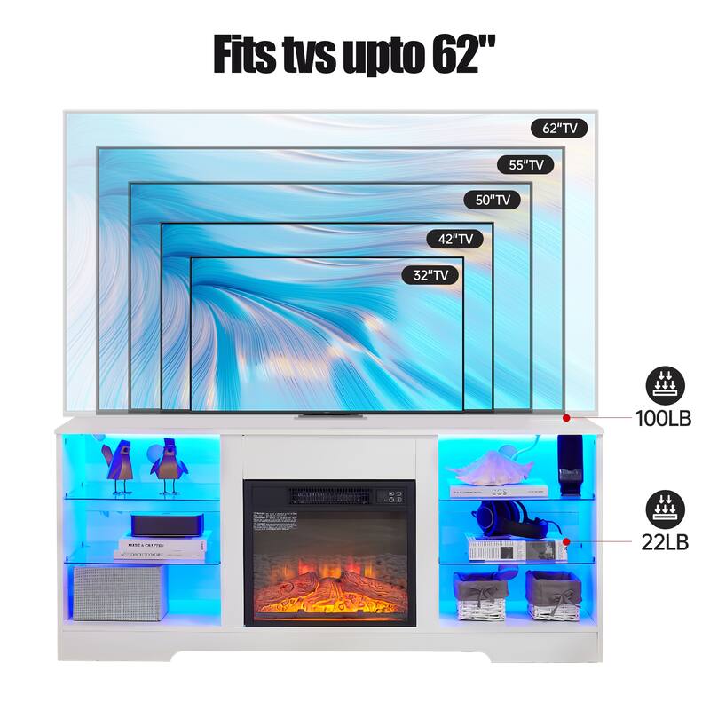 Modern 3D Fireplace TV Stand with USB Ports, LED Color Options, and Glass Storage Shelves for TVs 32-62'' - Black