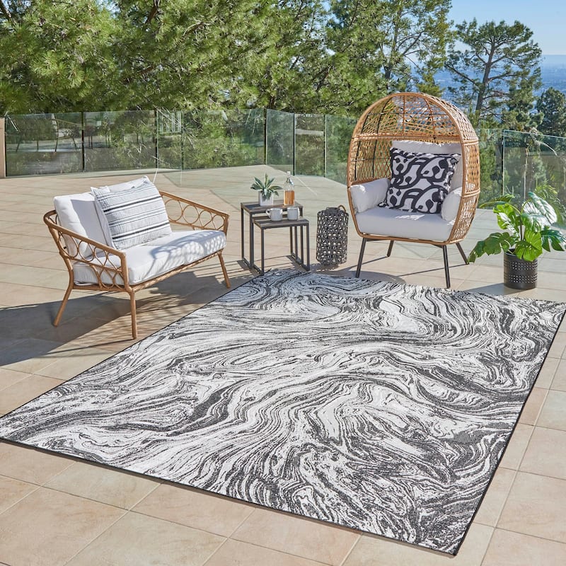 Gertmenian Paseo Casal Black Modern Abstract Marble Flatweave Indoor/Outdoor Area Rug