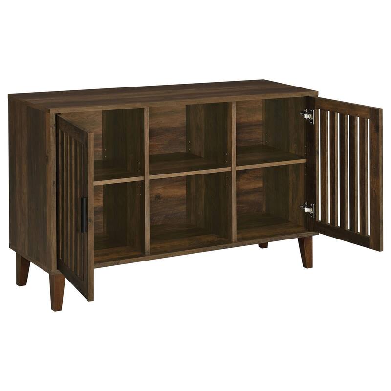 47 Inch Accent Cabinet, Slatted Design, 2 Shelves, Brown and Black Finish