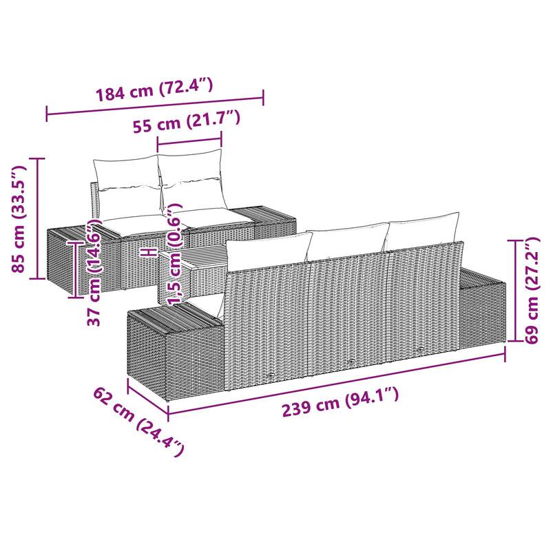 vidaXL 6 Garden Sofa Set with Cushions Black/Grey Poly Rattan - 94.1 x 24.4 x 27.2