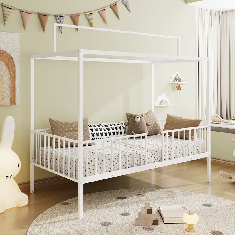 3-in-1 Convertible Montessori Metal floor bed,Fenced toddler bed with Sturdy Metal Slats Support