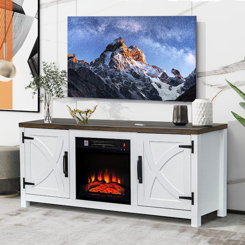 58-Inch Farmhouse Electric Fireplace TV Stand with Storage Cabinets and Adjustable Shelves - White/brown
