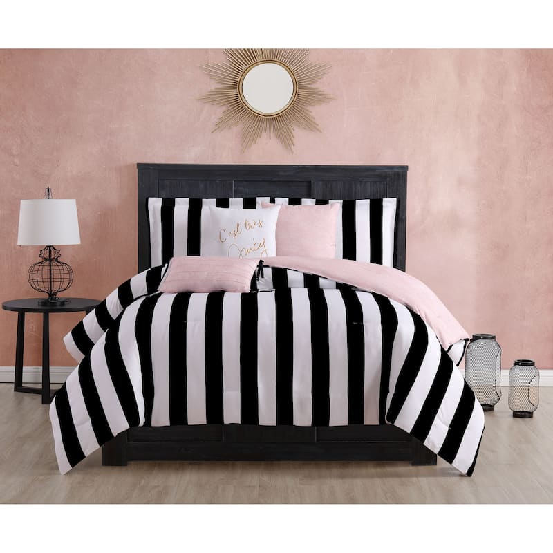 Juicy Reversible Cabana Stripe Bedding Set - Black/White - Queen