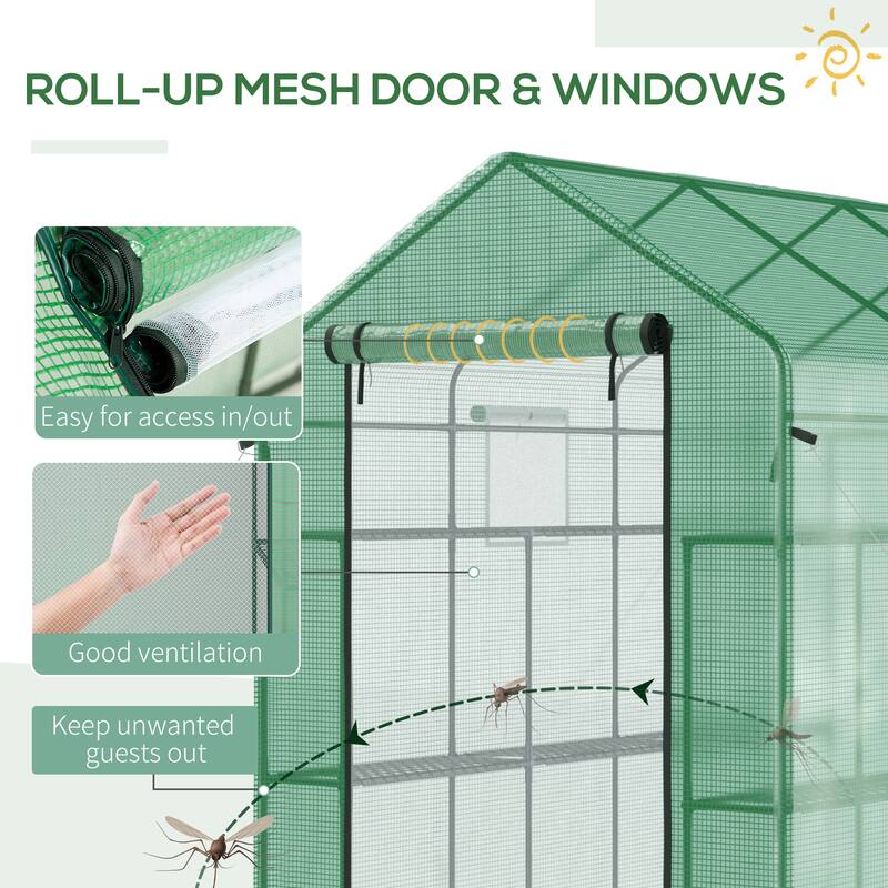 7' x 5' x 6' Walk-in Greenhouse with Mesh Door and Windows, 18 Shelf Hot House with Trellis, Plant Labels, UV protective