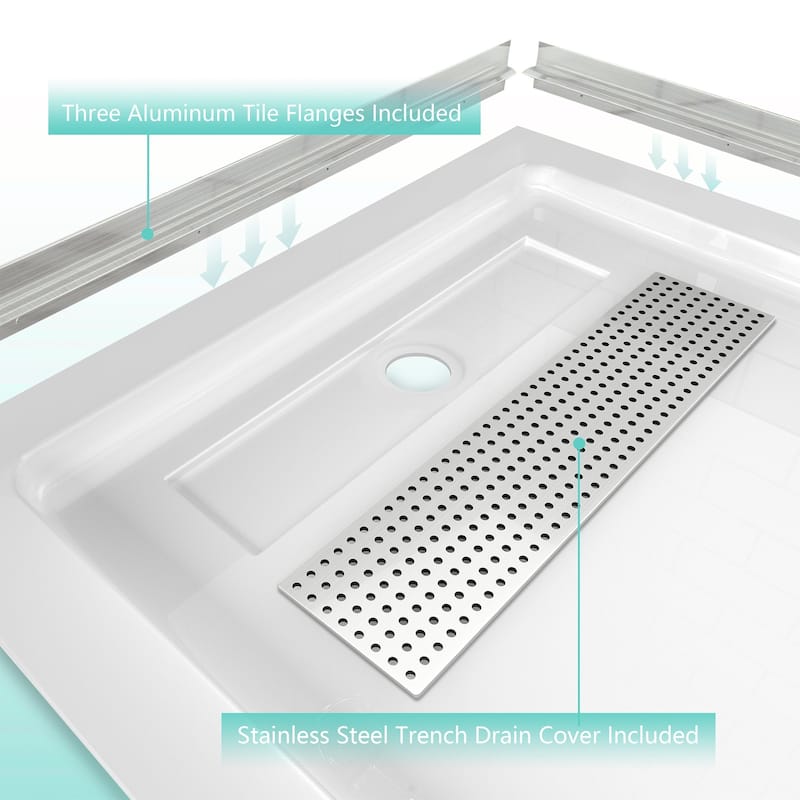i-Homare 36" X 60" Rectangular Shower Base with Side Trench Drain and 3 Aluminium Flanges,Including Drain Cover