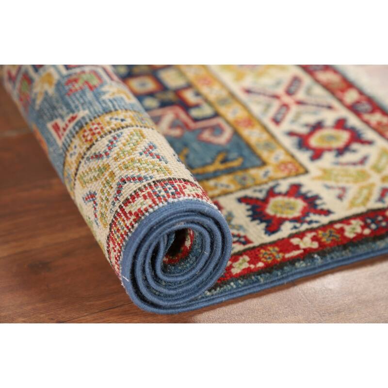 Hand Knotted Oriental 100% Wool Carpet Traditional Geometric Navy Blue & Blues Kazak Area Rug - 3' 0'' X 2' 0''