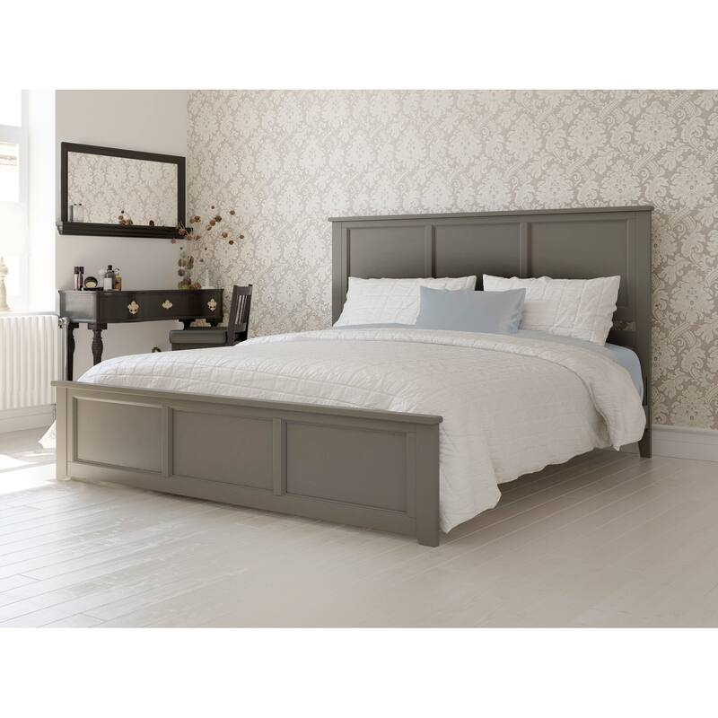King Size Platform Bed with Footboard & Charger - Low Profile Solid Wood Bed Frame - Grey Finish