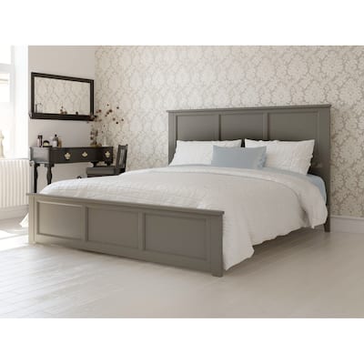 King Size Platform Bed with Footboard & Charger - Low Profile Solid Wood Bed Frame - Grey Finish