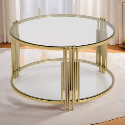 31.5" Tempered Glass Coffee Table with Asymmetrical Metal Design and Lower Shelf
