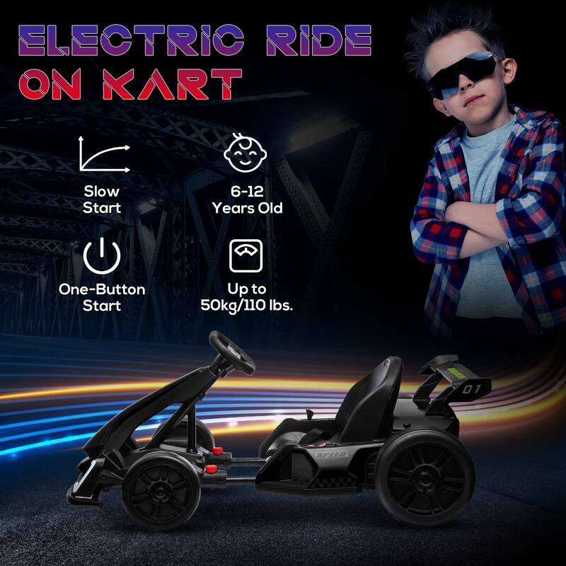 Go Kart Electric Drift Kart Car with Adjustable Seat, 24V Outdoor Ride on Toy, Crazy Cart for Kids, 7.5 MPH, LED Lights