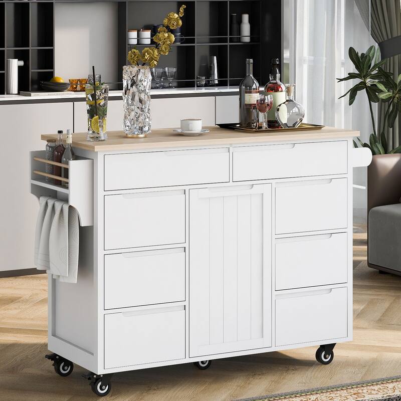 Kitchen Island with 8 Handle-Free Drawers, Rubber Wood Top, Flatware Organizer & 5 Wheels for Storage & Organization - White
