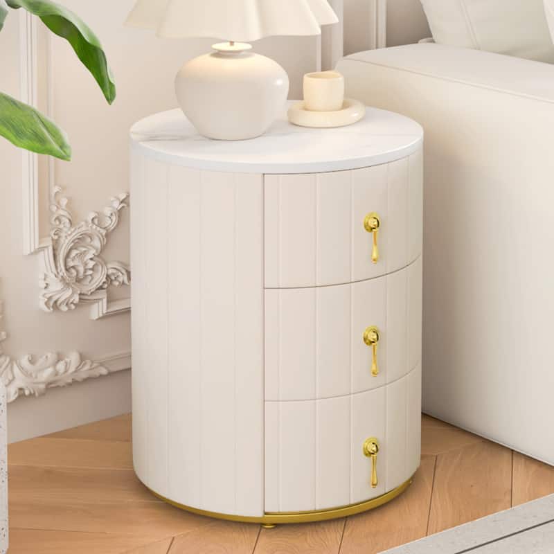 Round Nightstand with 3 Drawers, Velvet Upholstered Storage Cabinet, Sofa Side Table with Marble Table Top & Metal Legs