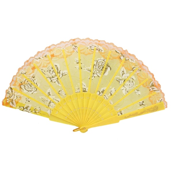 Orange Lace Edge Carved Ribs Ornament Handing Folding Hand Fan Yellow ...