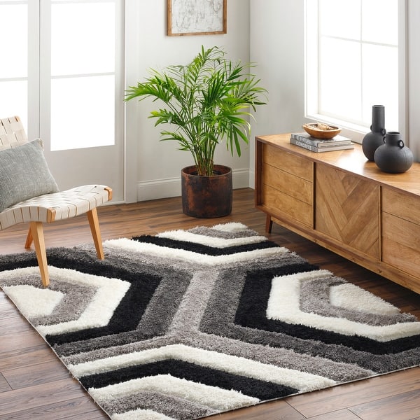 slide 2 of 6, Livabliss Bologna Block Geometric Plush Area Rug Black/Grey - 5' 3" x 7'